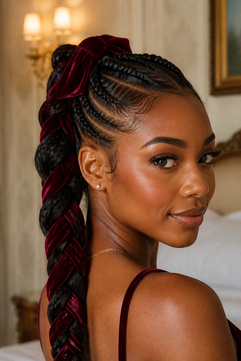 Close-up of a braided ponytail with a burgundy velvet ribbon