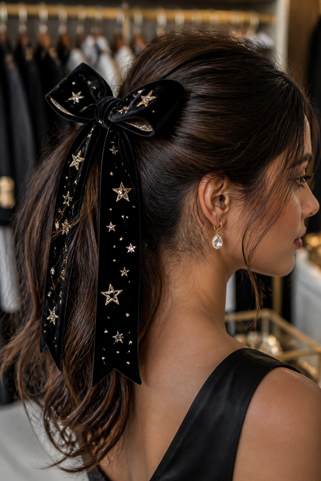Close-up of thick hair with star-studded velvet ribbon bow at base of ponytail