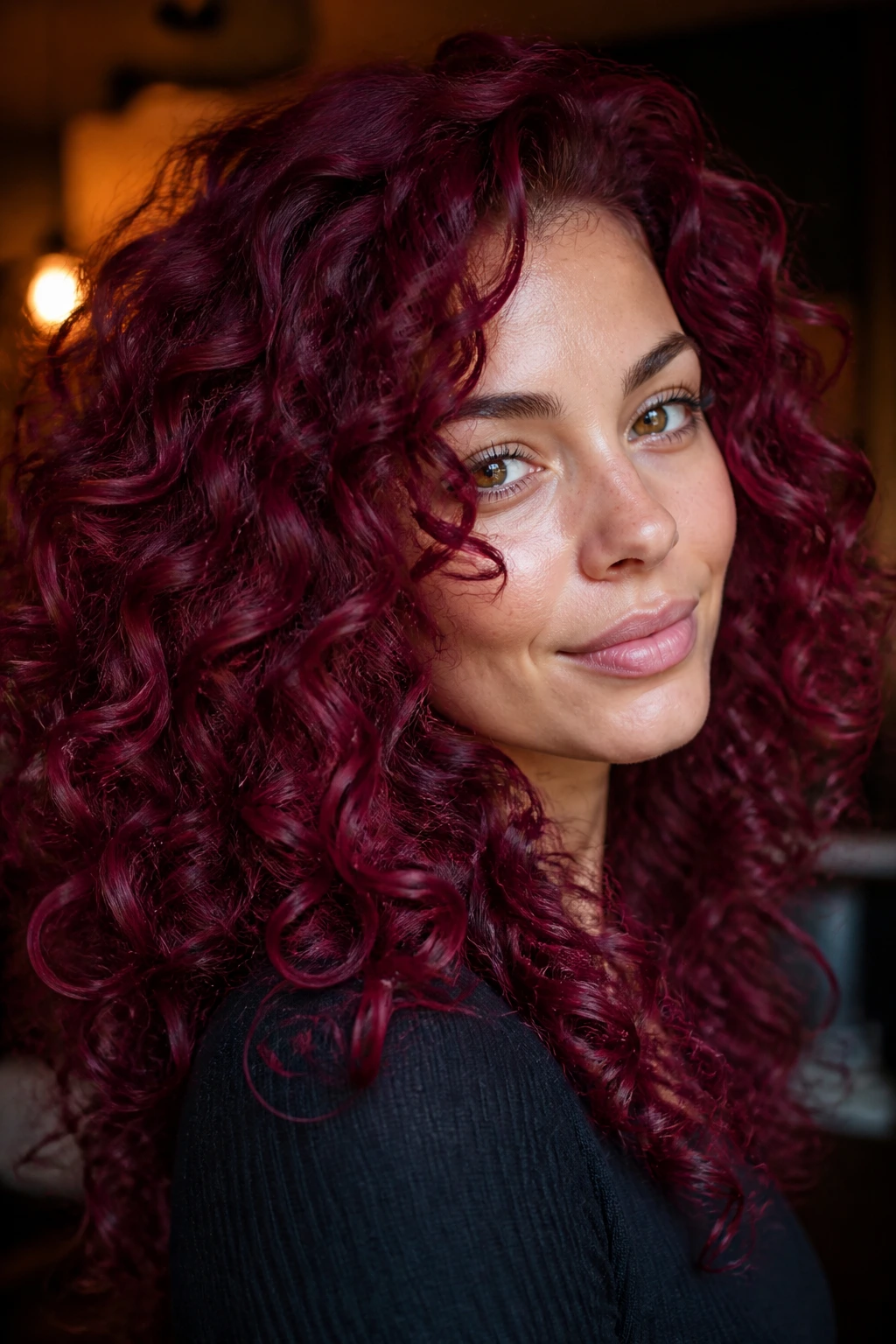 Close-up of deep magenta velvet rose quartz hair on a real woman.