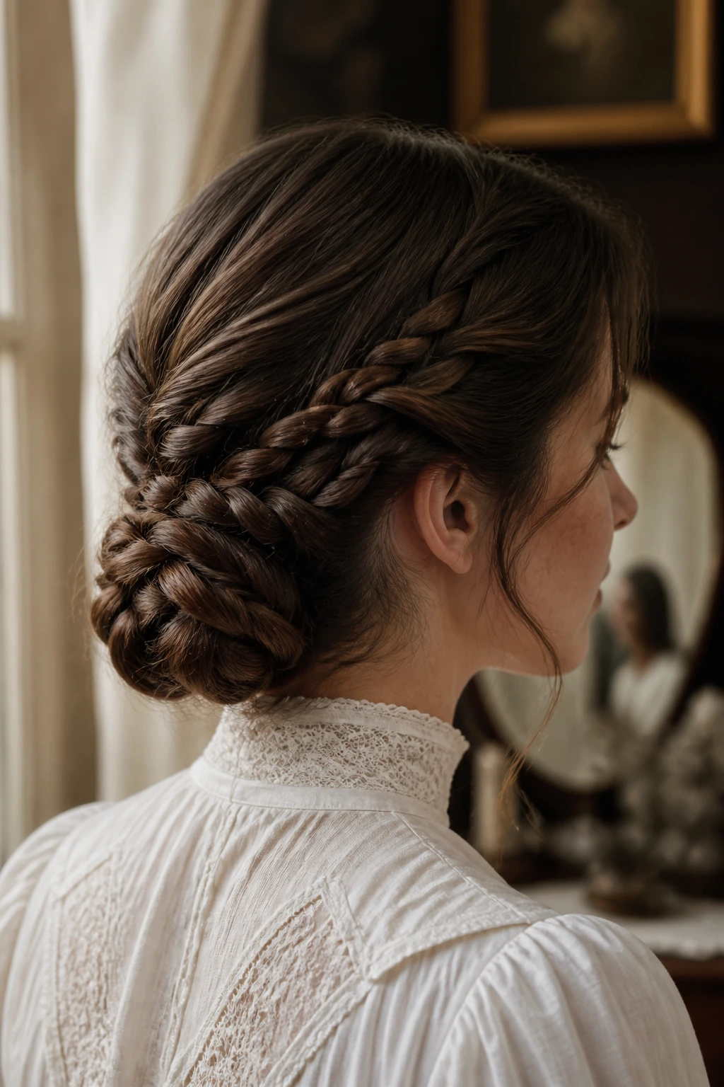 Close-up of a real woman with a Victorian Low Knot bun at the nape