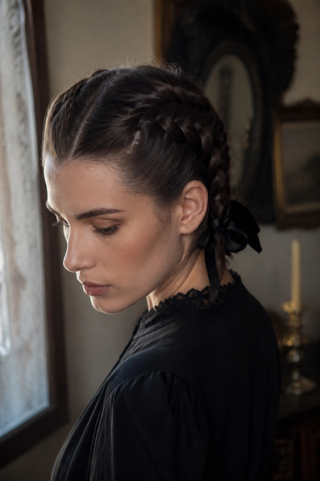 Close-up of a real woman wearing Victorian mourning braids with velvet ribbons.