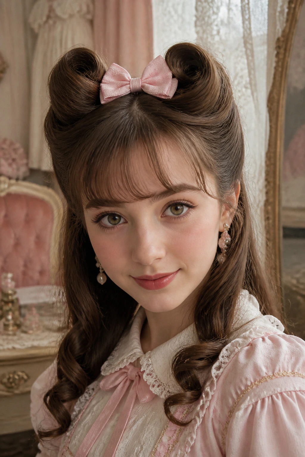 Real woman with victory rolls and bow, vintage dressing room background