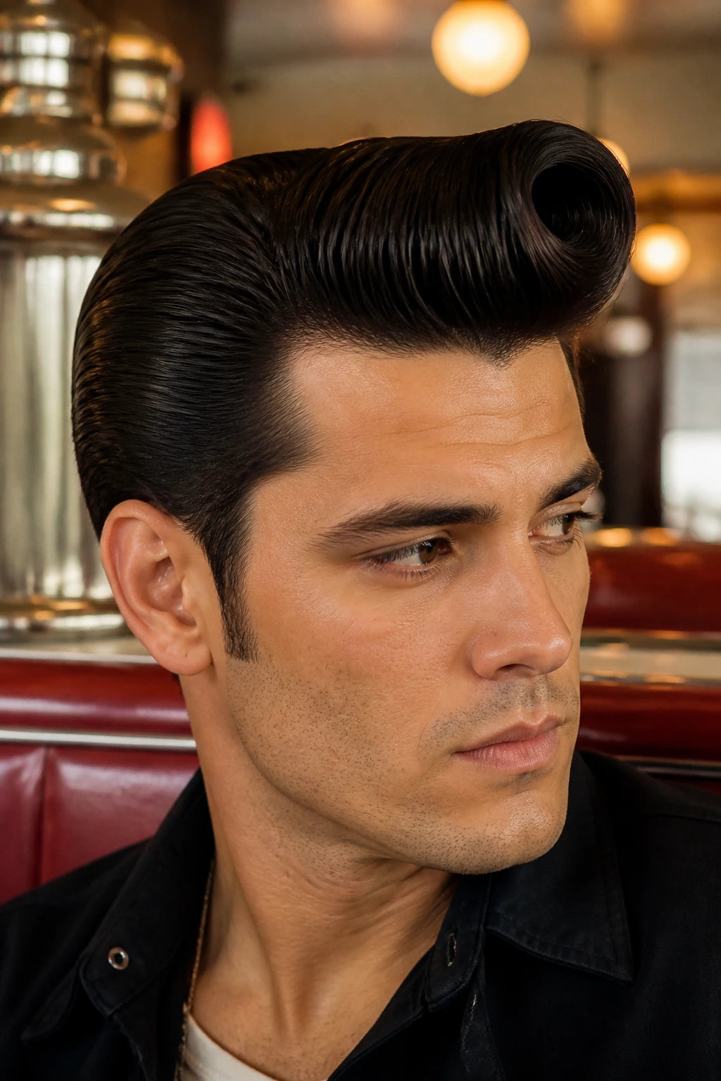 Side profile portrait of a real man with vintage rockabilly quiff in a retro diner