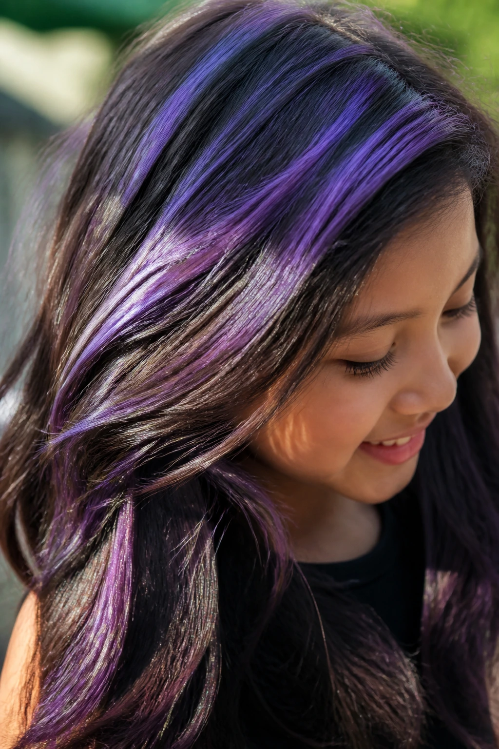 Close-up of a real child with violet weave sections in hair.