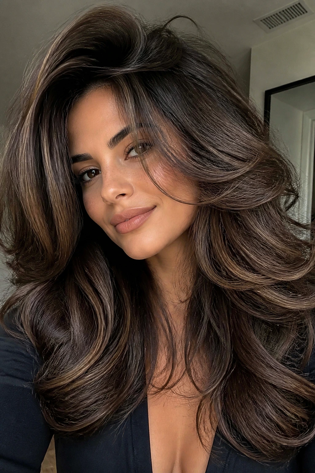 Close-up of real Latina woman with voluminous blowout under warm indoor light
