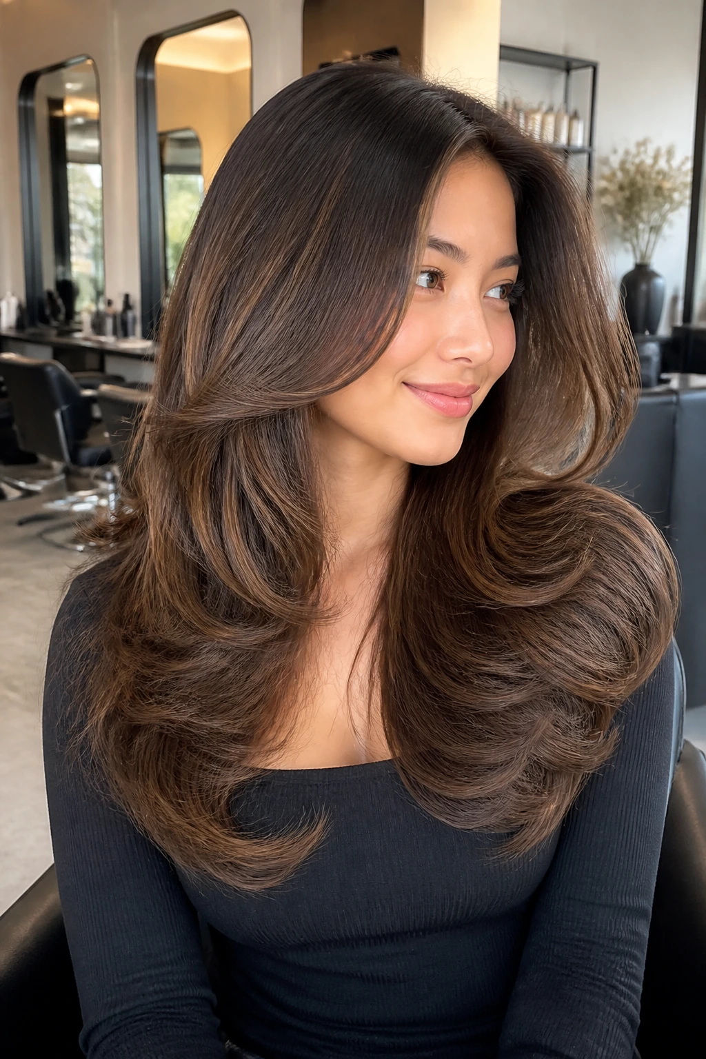Portrait of a real woman with voluminous blowout layers in a bright salon