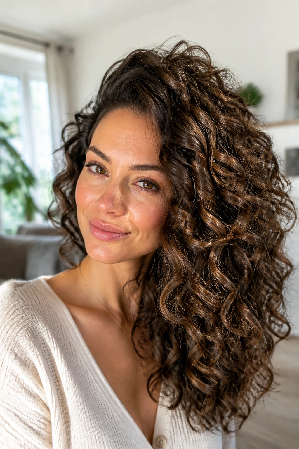 Portrait of a real woman with voluminous side-swept curls and argan oil shine