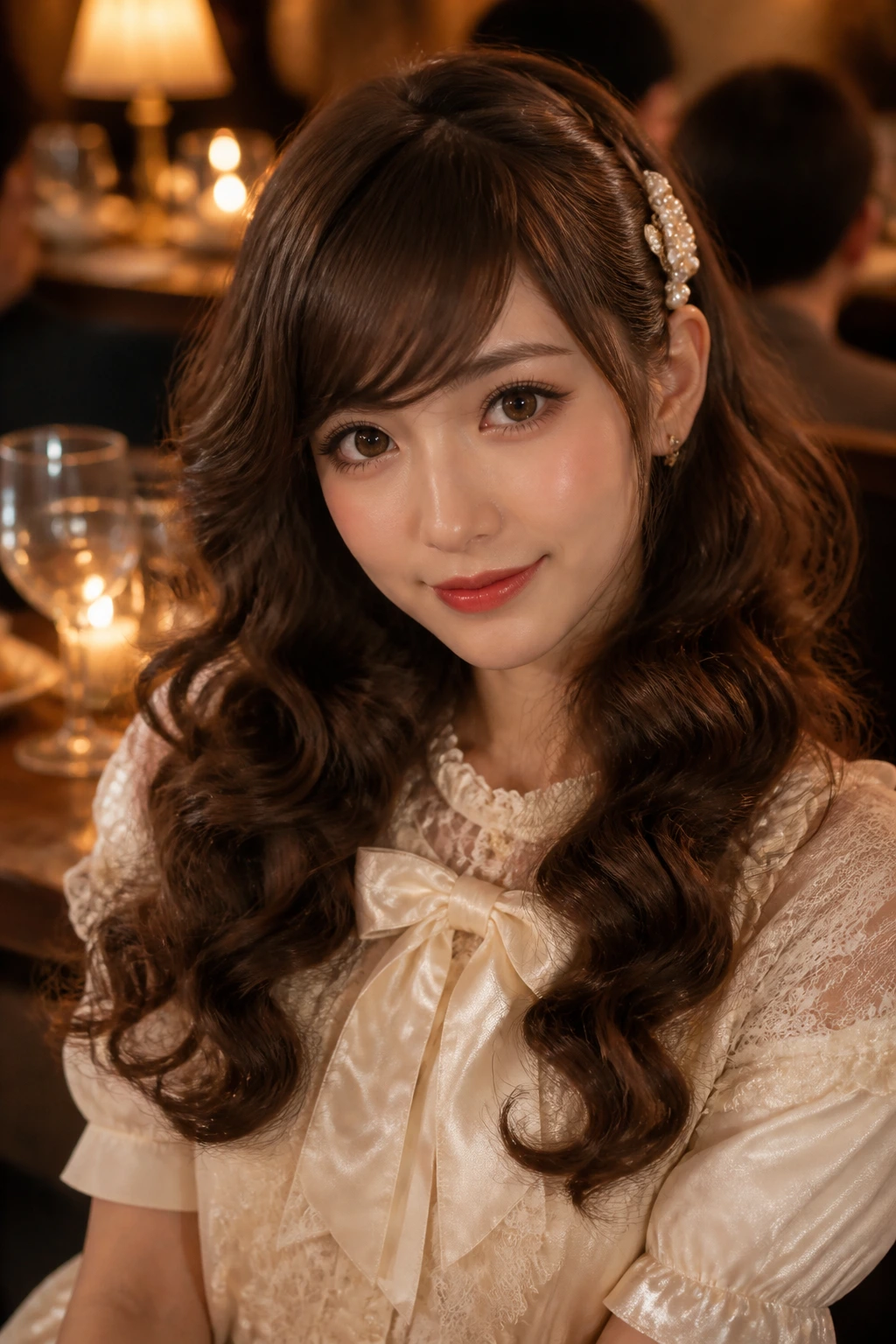 Close-up portrait of a real woman with voluminous curls and a side-swept bang