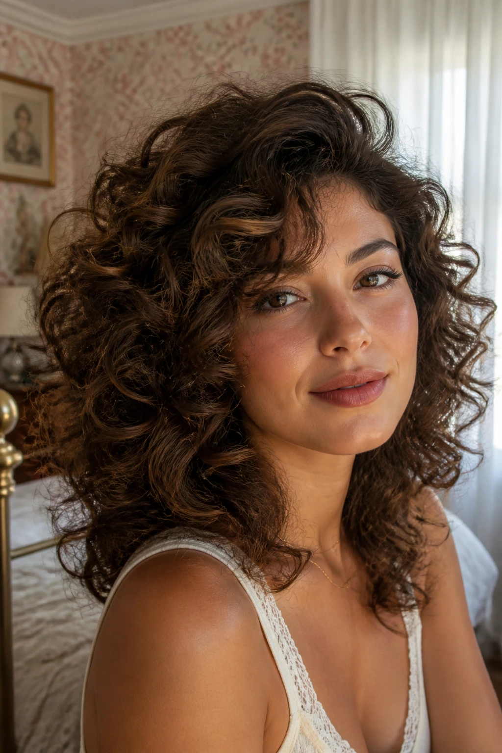 Close-up of a real person with voluminous curls and wispy ends.