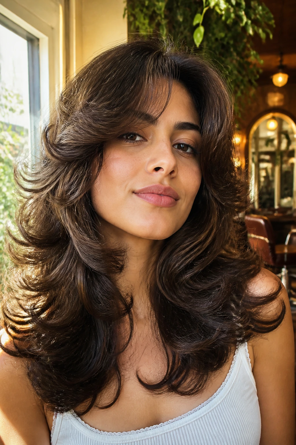Close-up of Latina woman with voluminous feathered layers in a sunlit salon