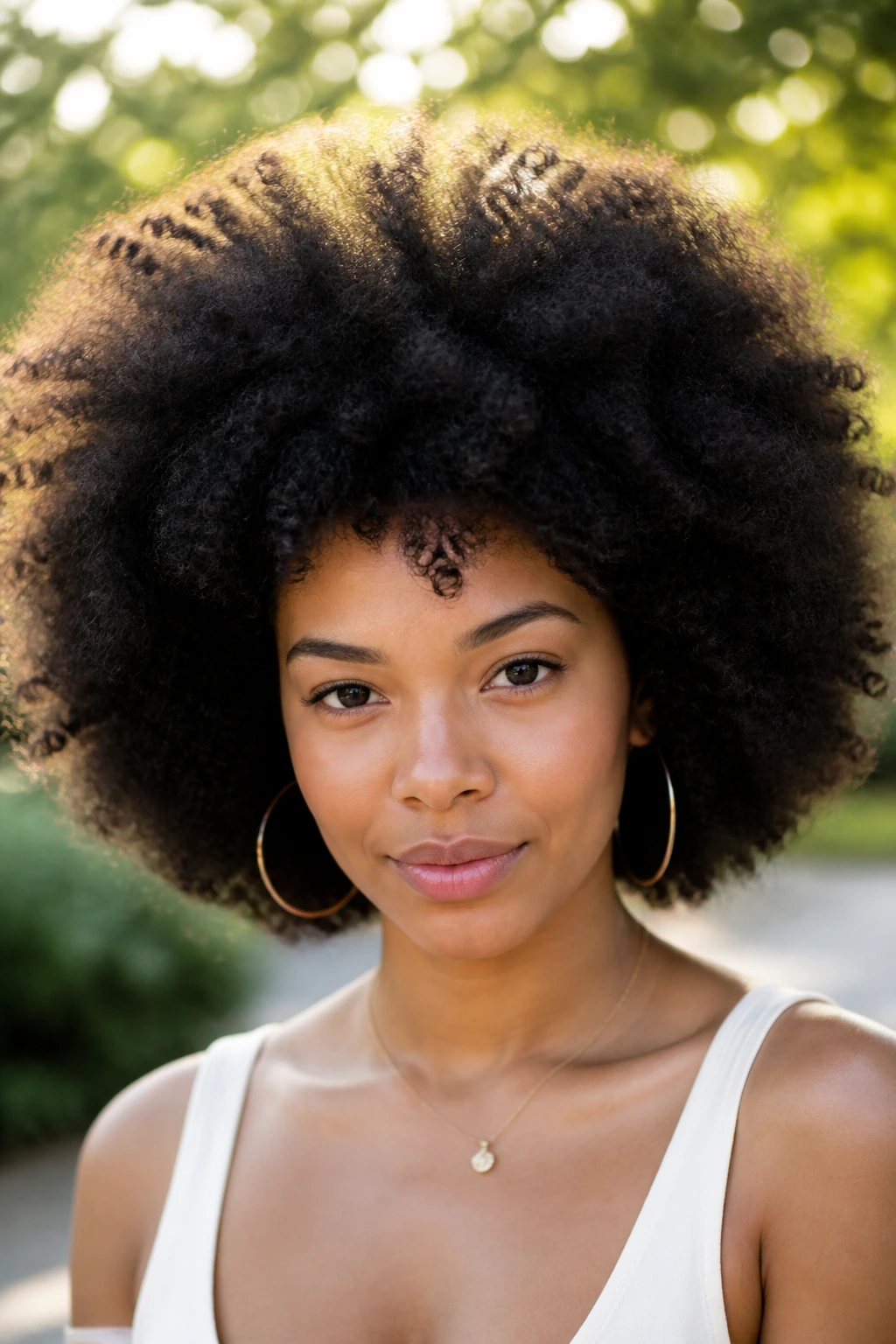 Close-up of a person with a large voluminous natural afro outdoors.