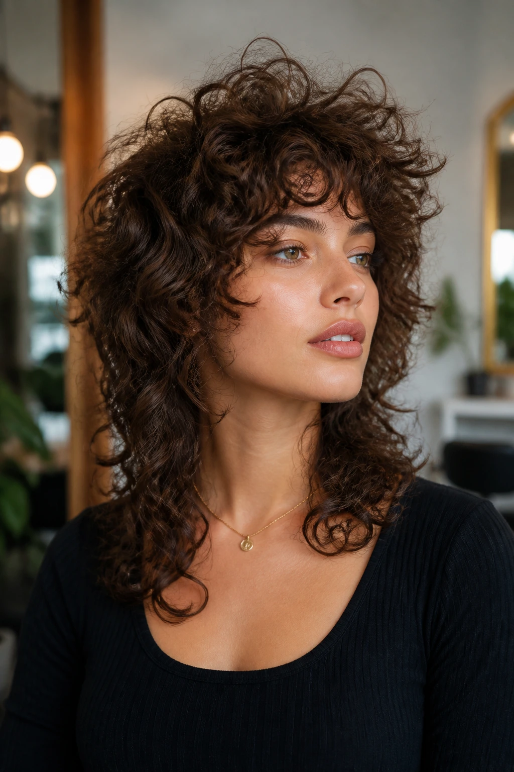 Medium close-up of a real person with a layered curly shag hairstyle