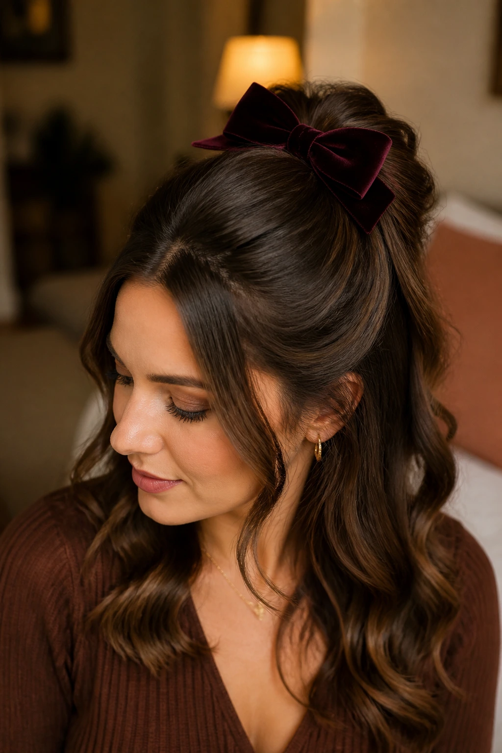 Close-up of a real woman with a voluminous half-up style and velvet bow.