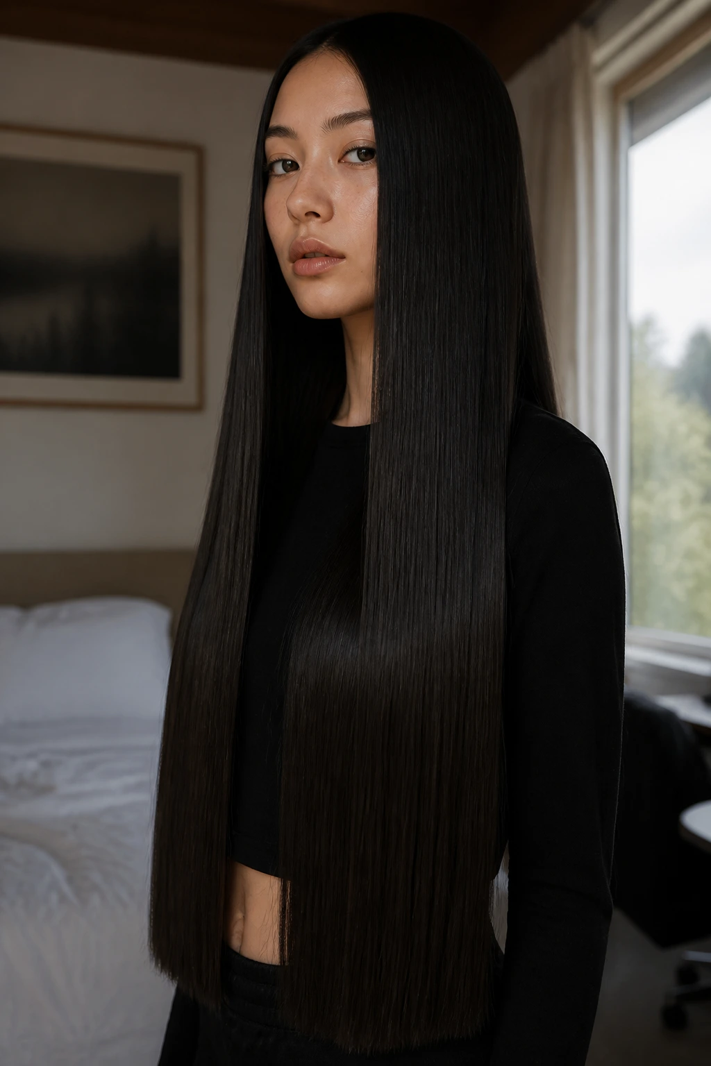 Close-up of a real person with a waist-length straight blunt bob