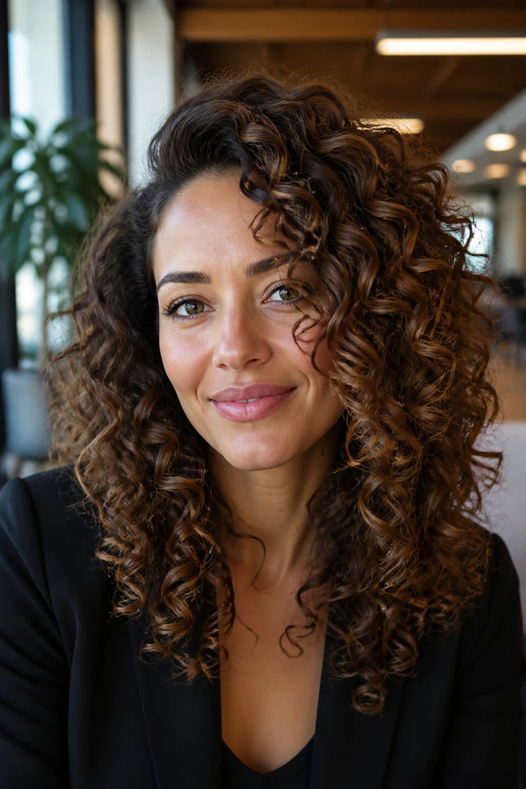 Close-up of a real person showing walnut and mocha highlights in curly hair.