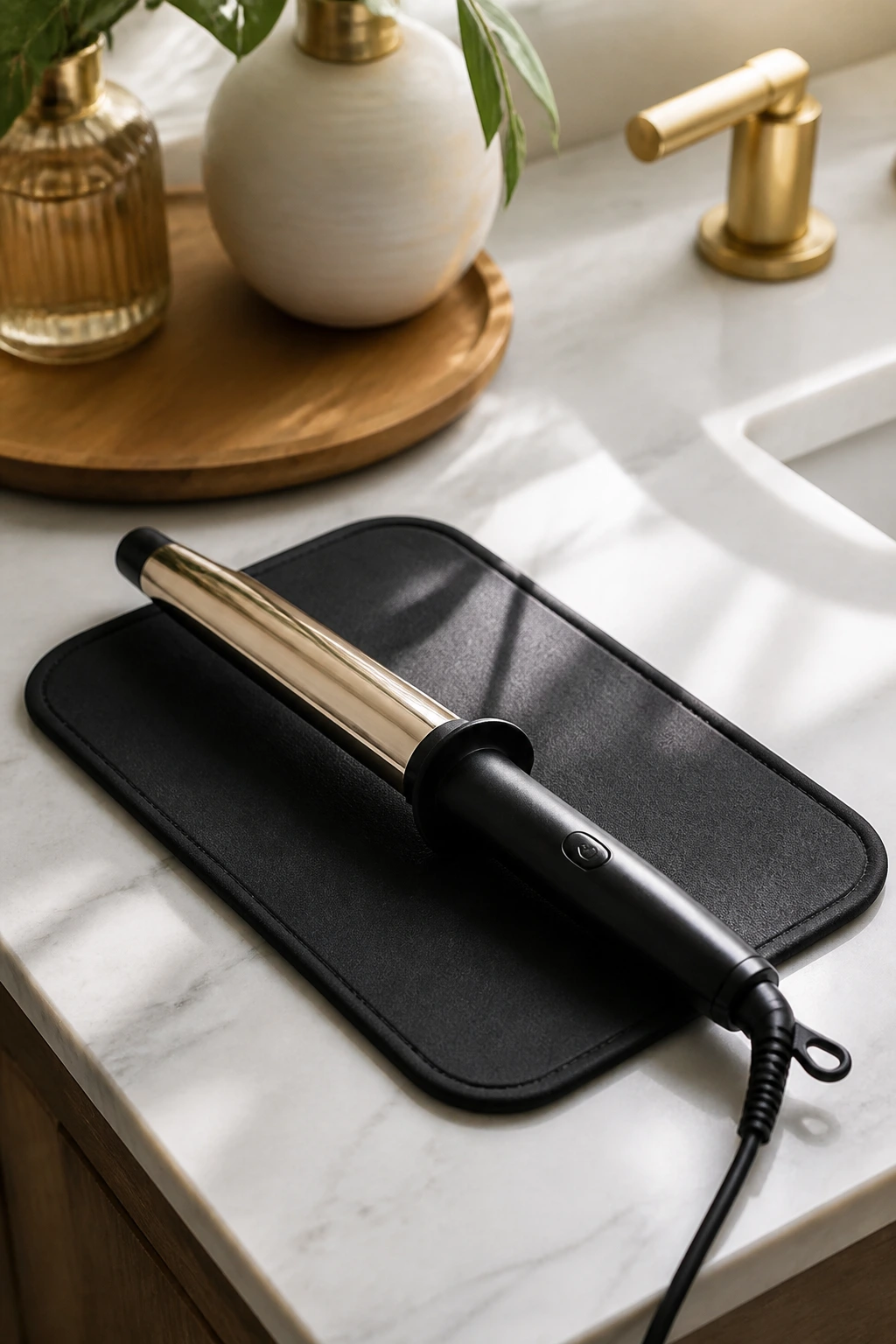 Curling wand on heat-resistant mat on bathroom counter for safe cooling and storage