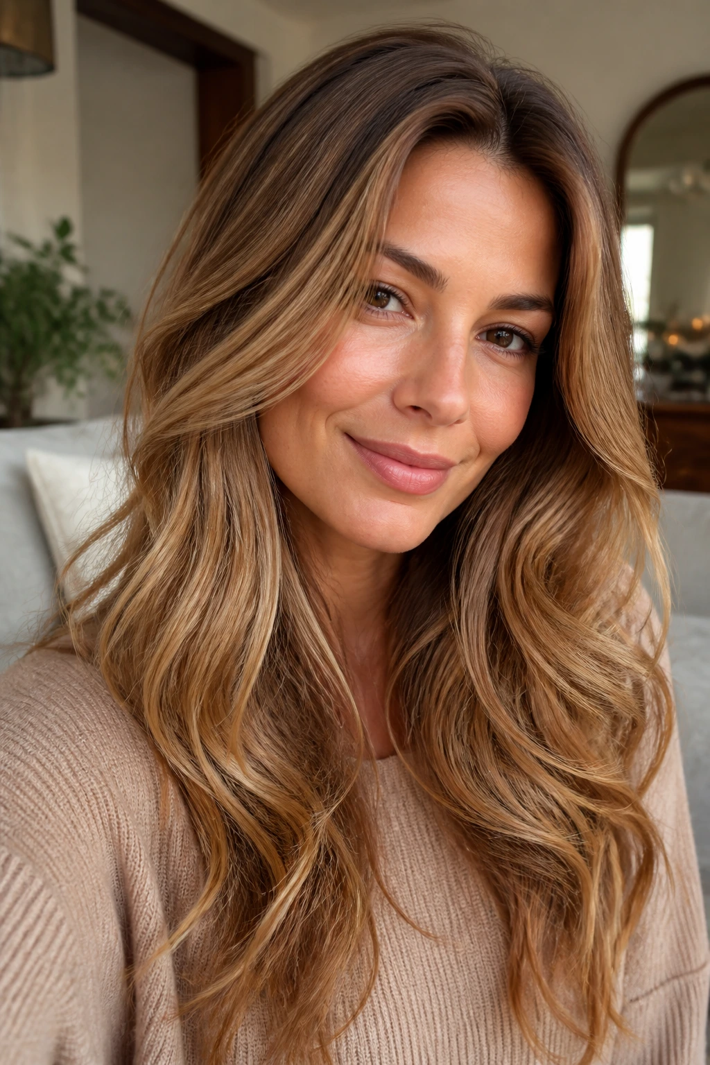 Close-up portrait of real person with warm caramel hair under soft daylight.