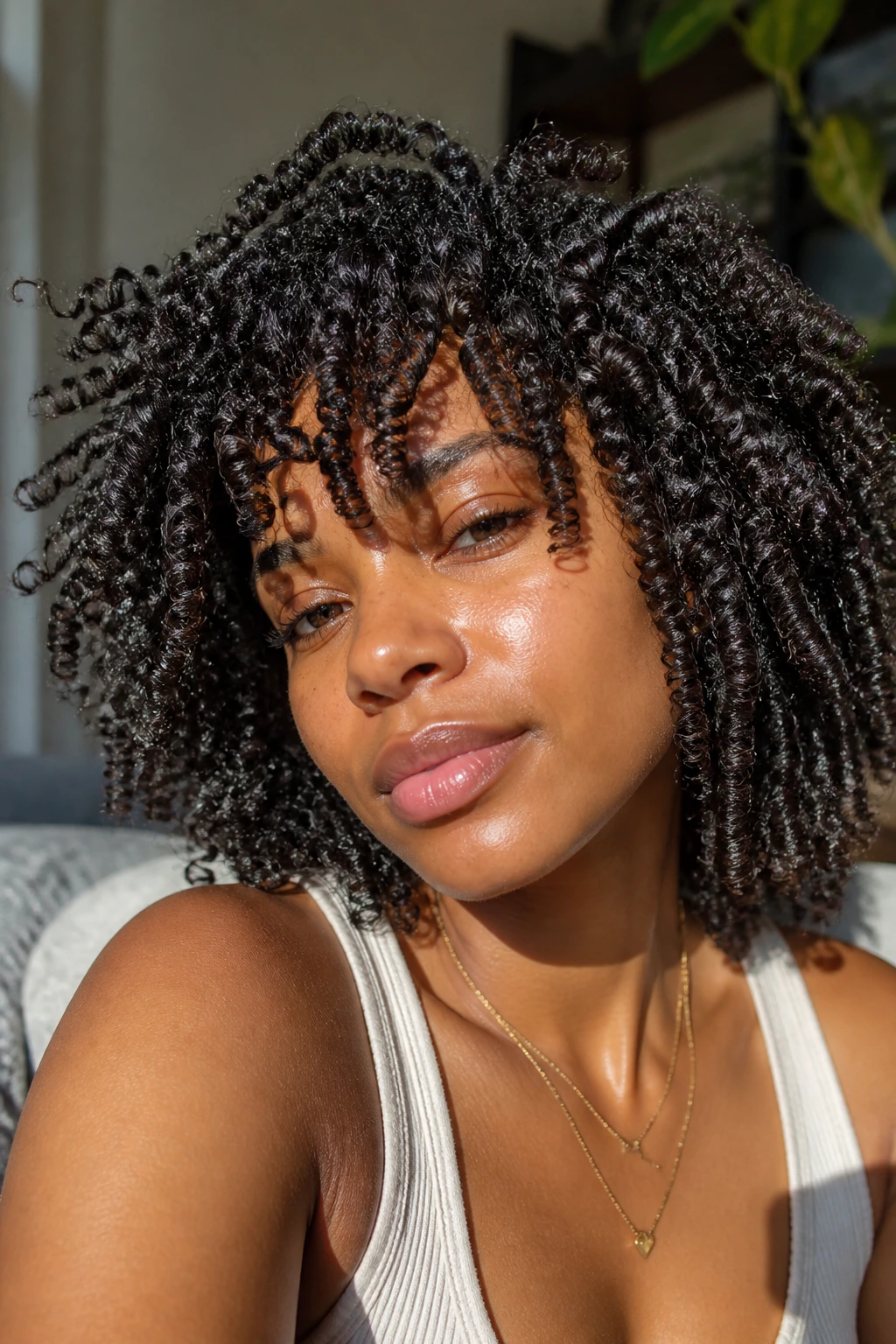 Close-up of a person with defined wash-and-go curls and argan oil sheen