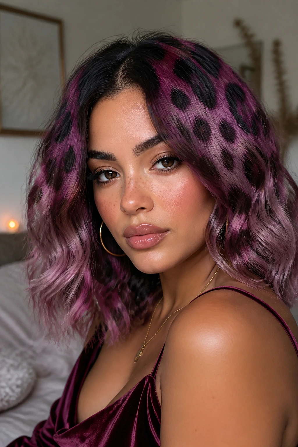 Real woman with watercolor-style plum leopard print on hair