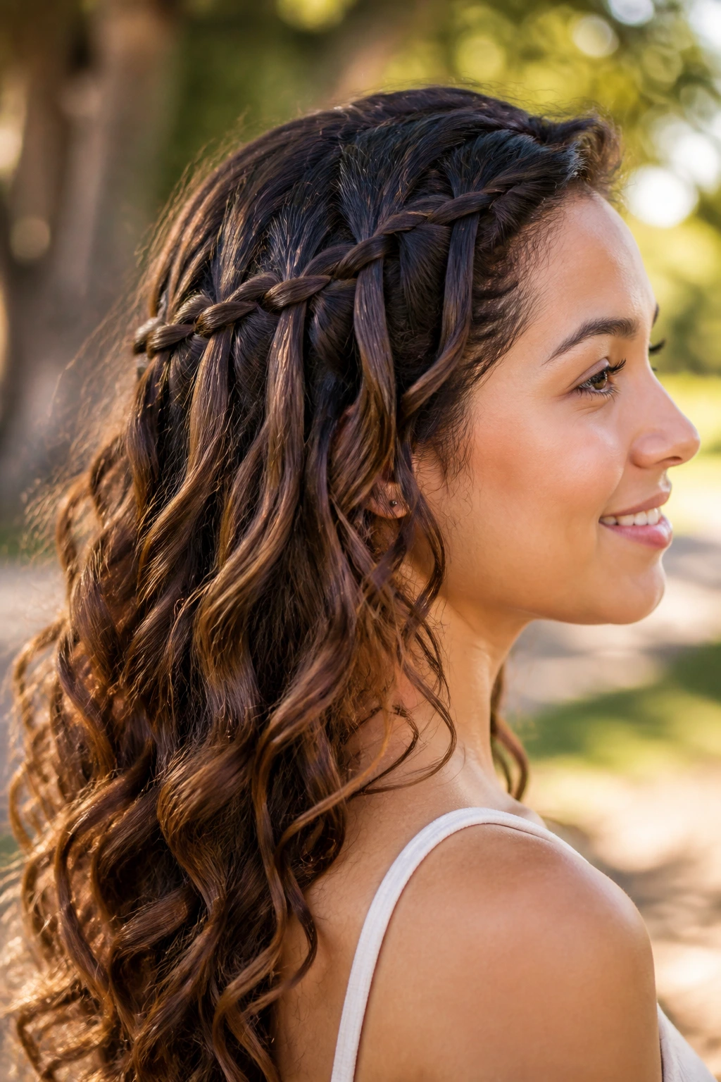 Close-up of a real woman with a waterfall braid on the side