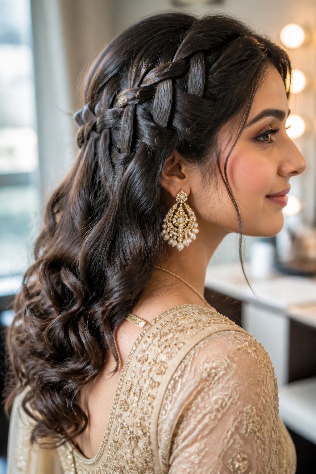 Real woman with a waterfall braid flowing into soft curls