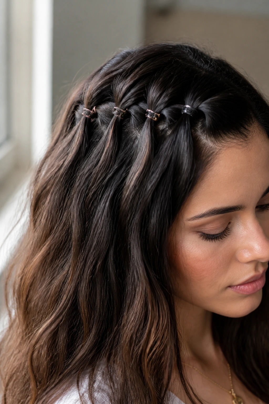 Close-up of a real woman's waterfall braid with small colorful elastics
