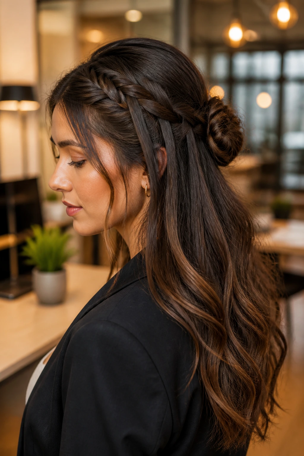 Close-up of a real woman wearing a waterfall half-up with a twist in a stylish office space