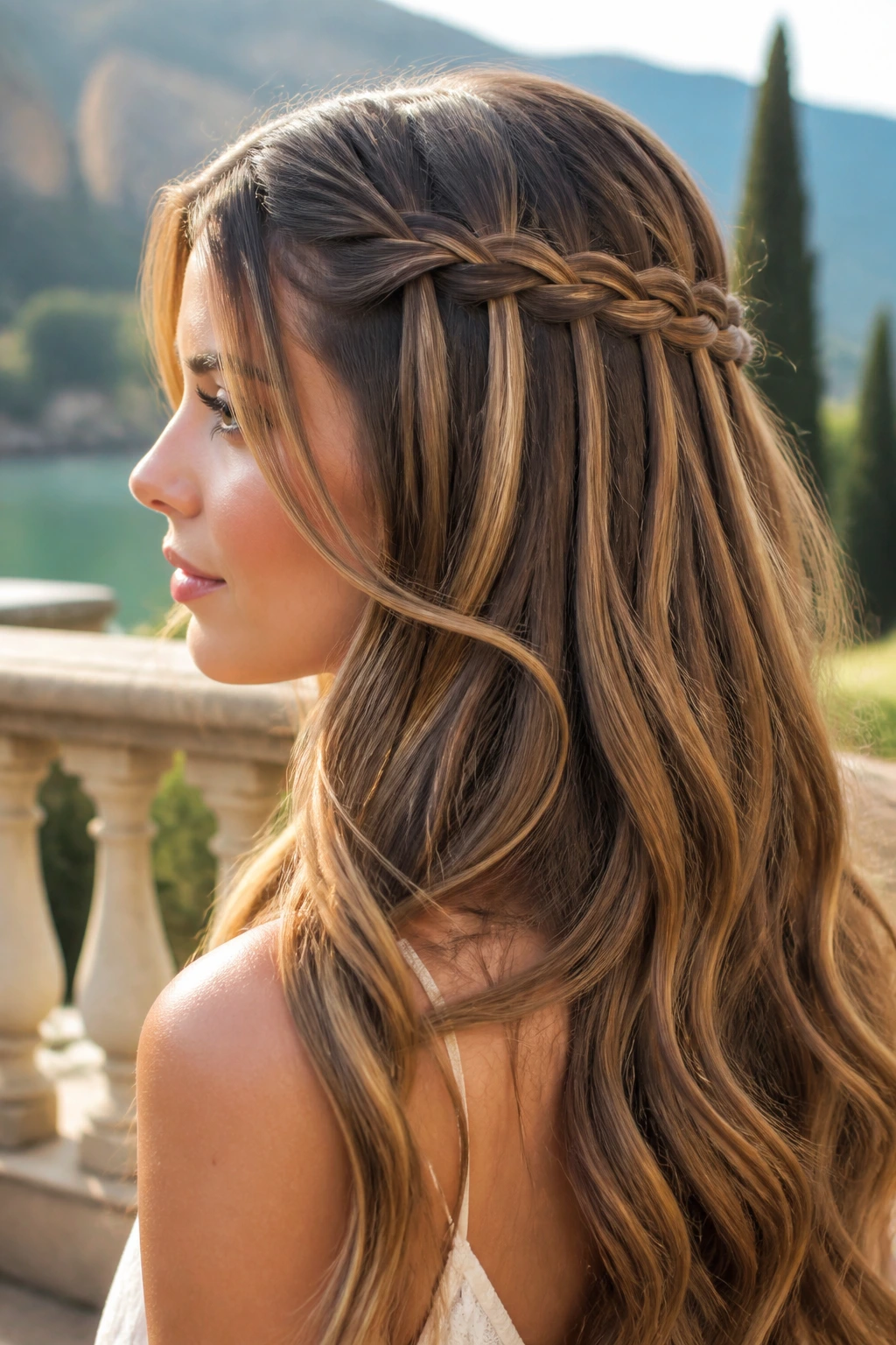 Woman with waterfall braid on long hair viewed from the side/back.