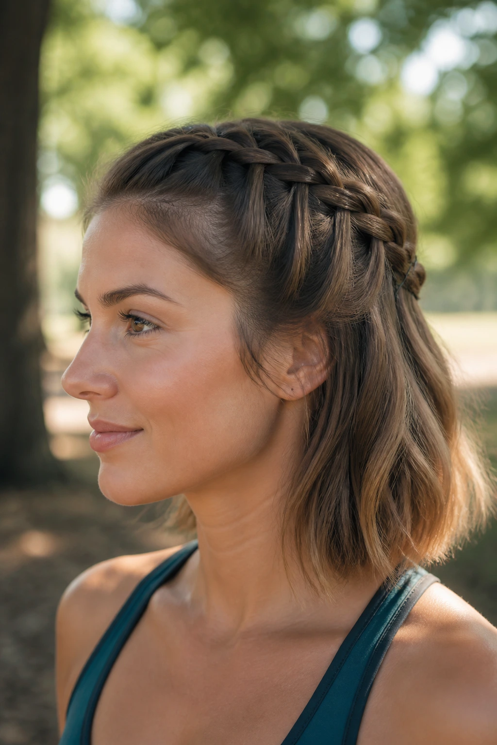 Close-up of a real woman with a waterfall braid pinned back in a sunlit park