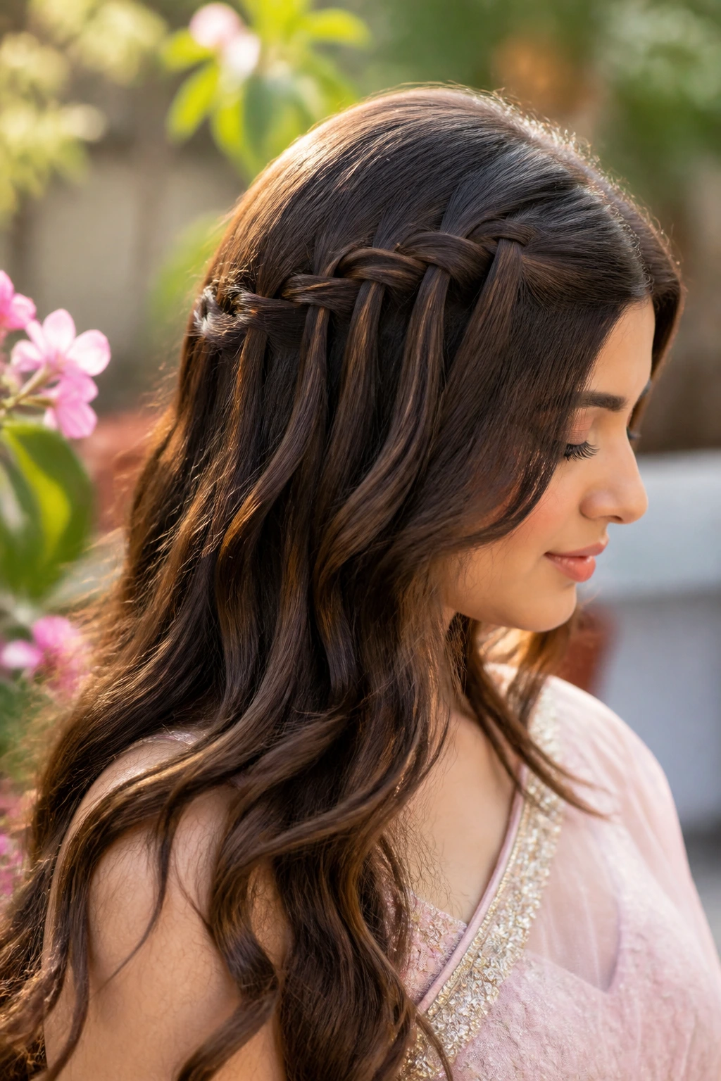 Close-up of a real woman wearing a waterfall braid with waves and flowers