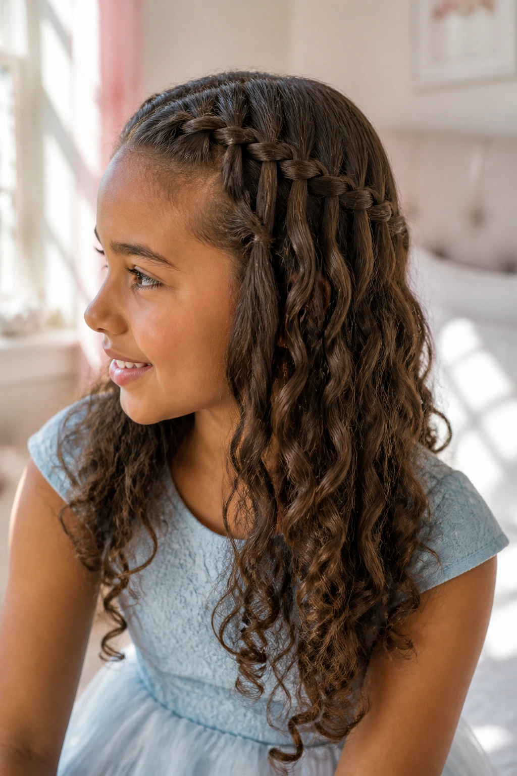 Close-up of a real child with a waterfall braid cascading along the side