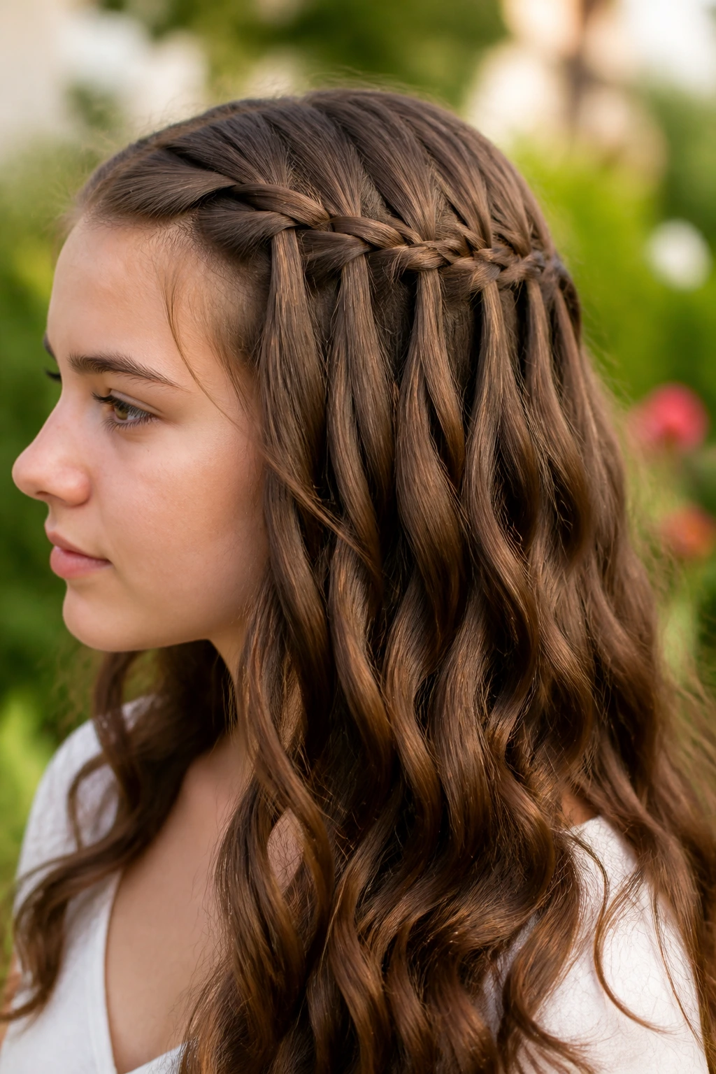 Close-up of a real student with waterfall braids on thick hair