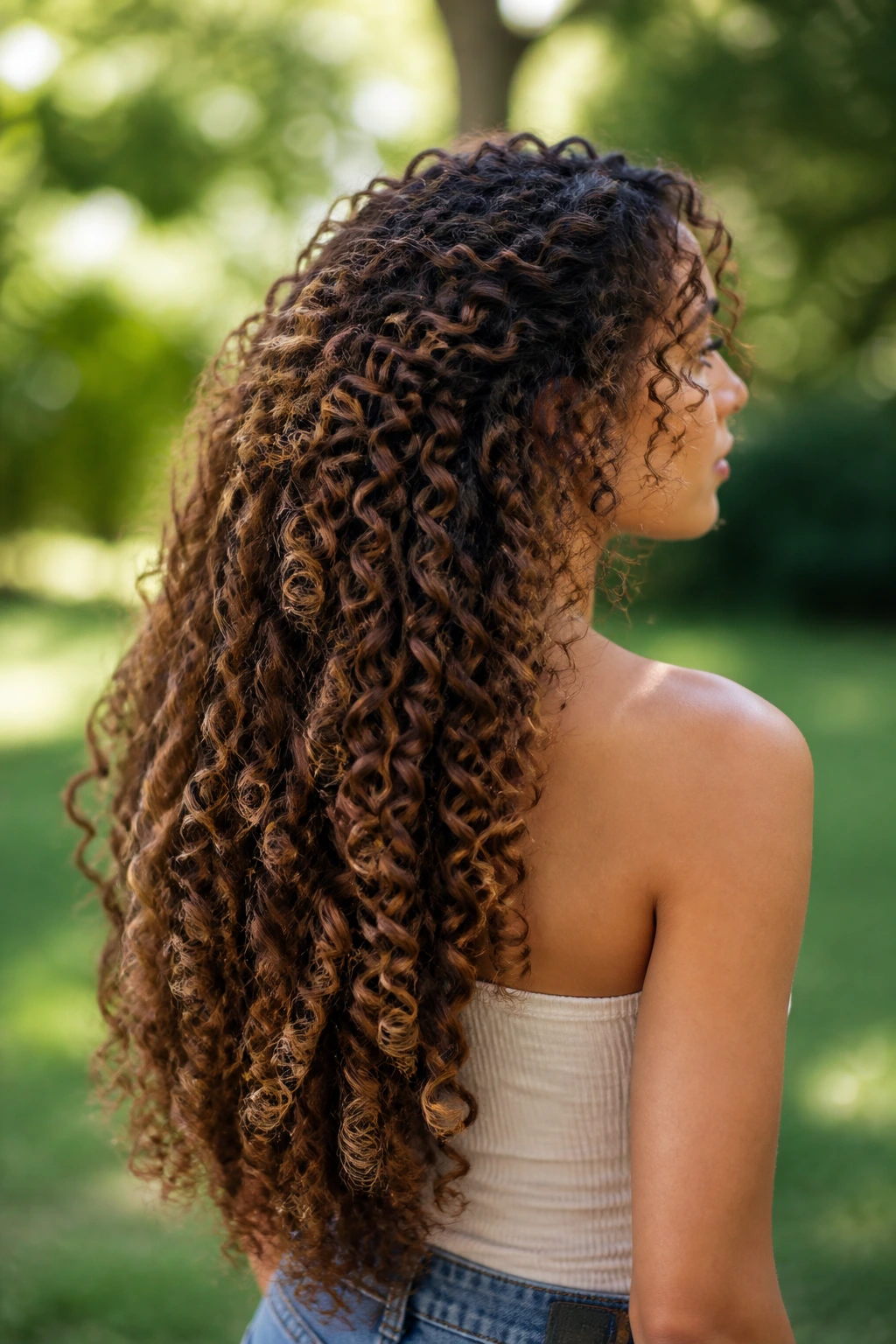 Medium close-up پشت view of a real woman with waterfall butterfly curls