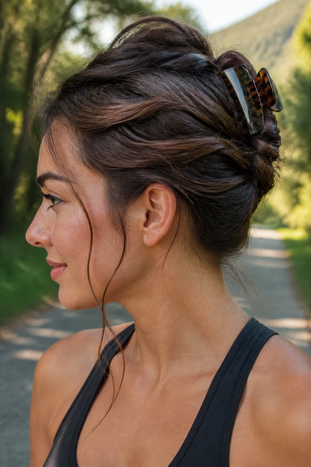 Close-up of real woman with waterfall claw cascade on head