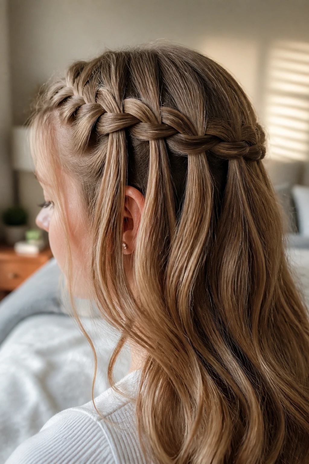 Close-up of waterfall Dutch braids on a real person