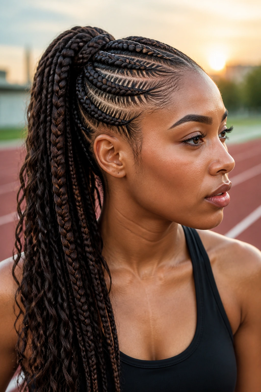 Close-up of The Waterfall Ghana Ponytail on a real person outdoors