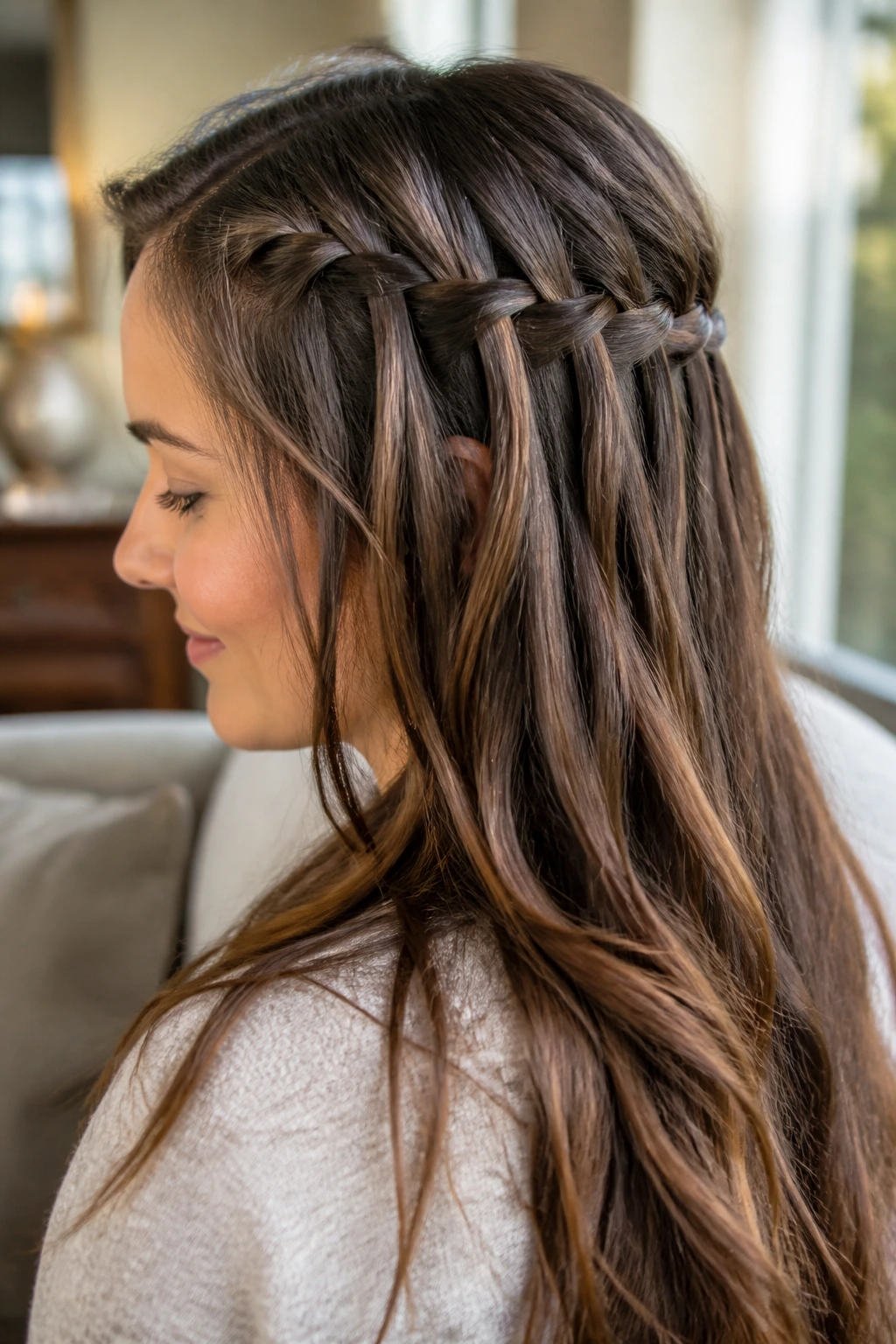 Close-up of a real woman with a waterfall half-up hairstyle.