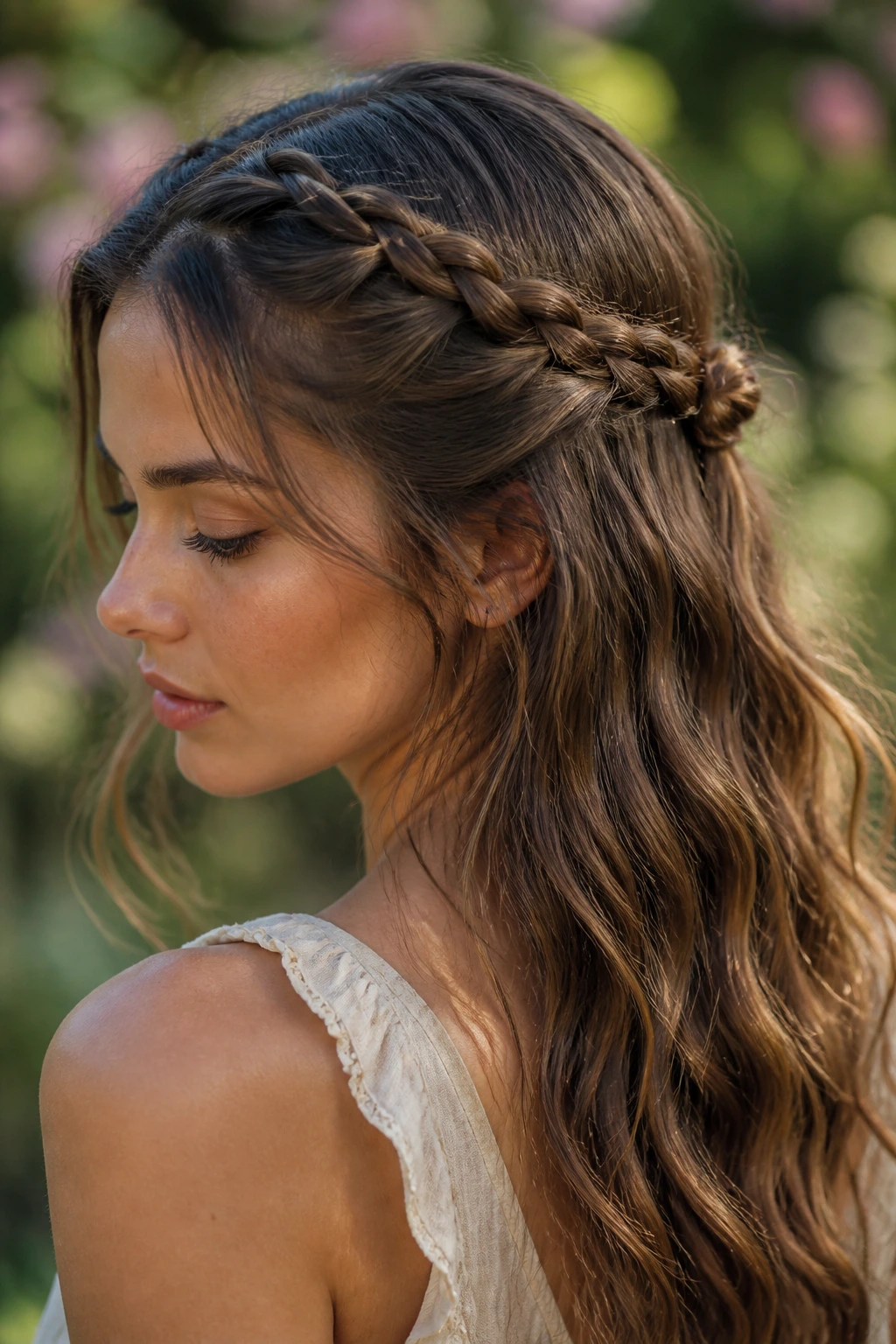 Close-up of two inverted braids at the front pulled into a knot on a real woman outdoors