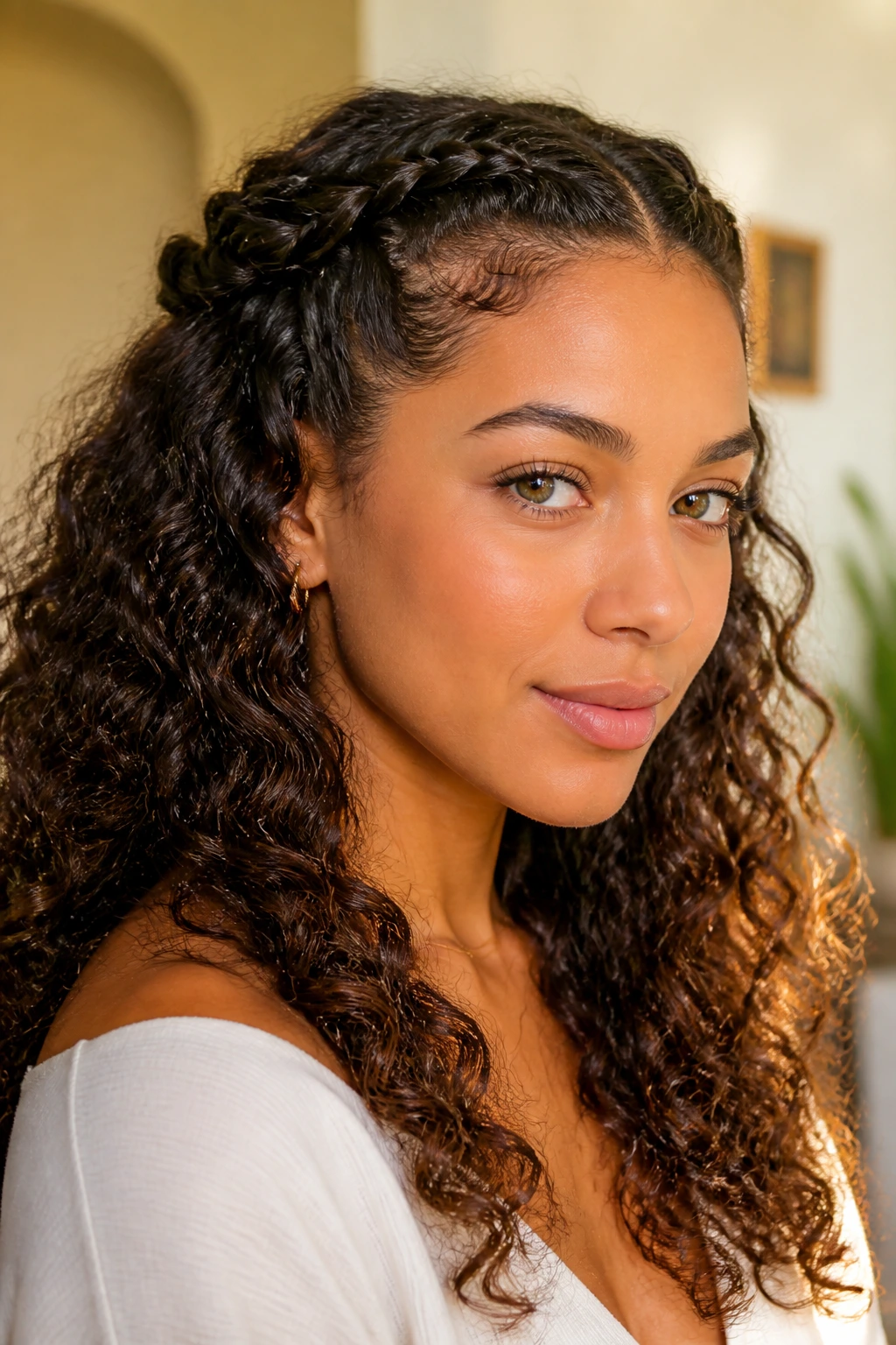 Close-up of a real woman with front twists pinned back and hair flowing in loose curls.