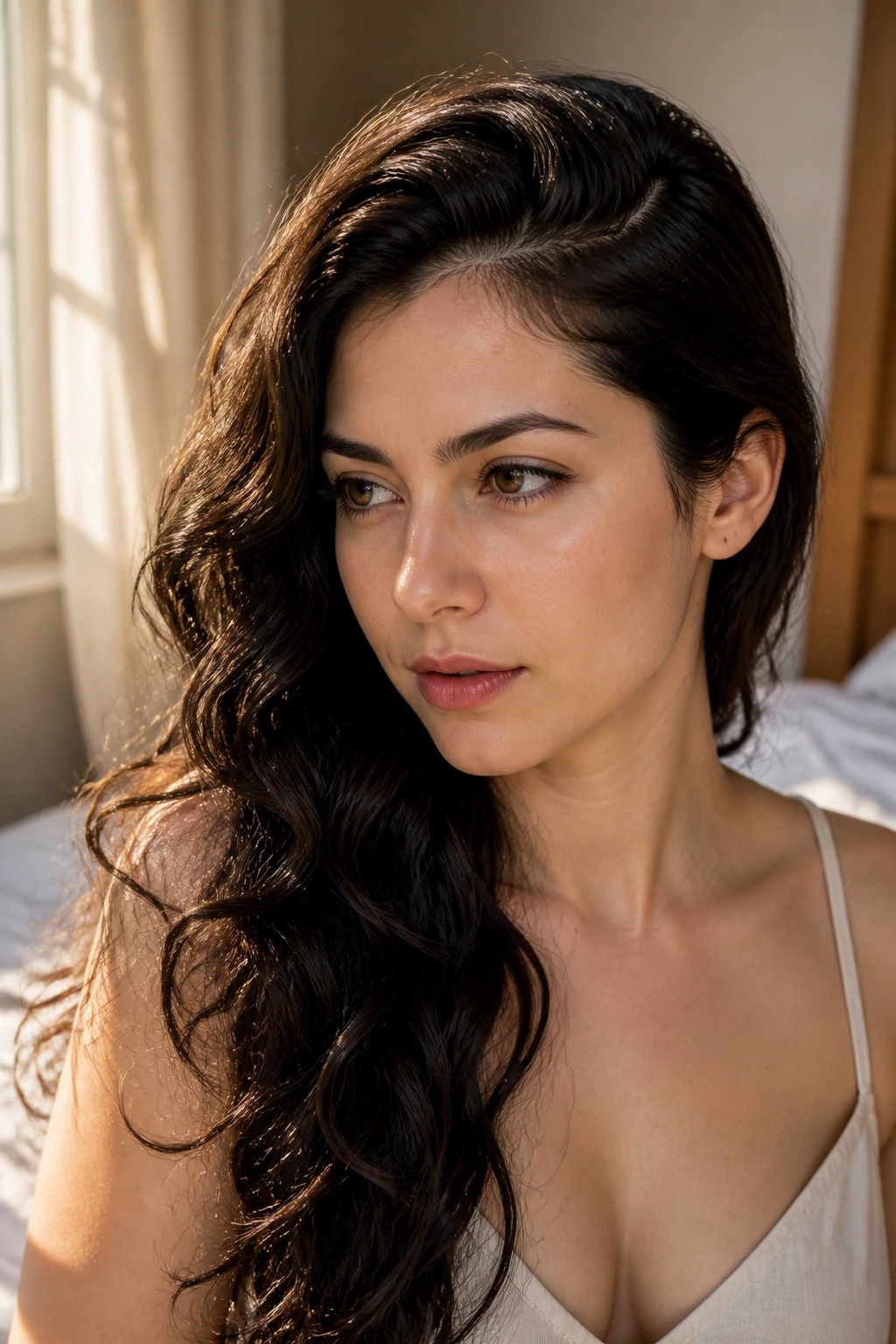 Close-up of a real woman with natural waves and a deep side part in warm daylight.