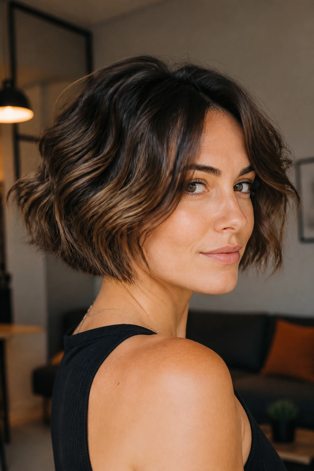 Close-up of wavy A-line bob with hidden undercut on a real woman in warm interior