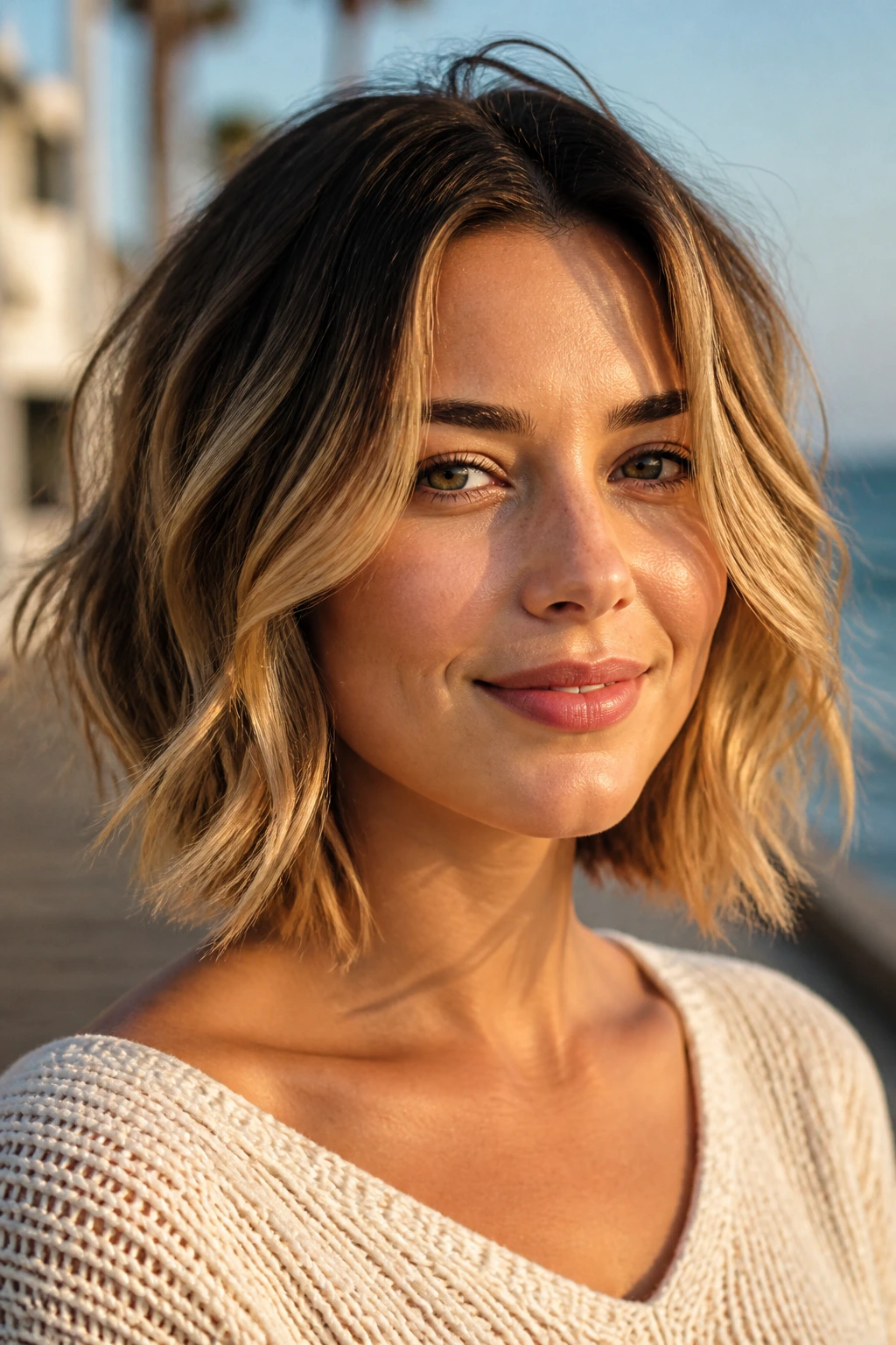 Close-up of a woman with a wavy bob and honey-blonde ombré.