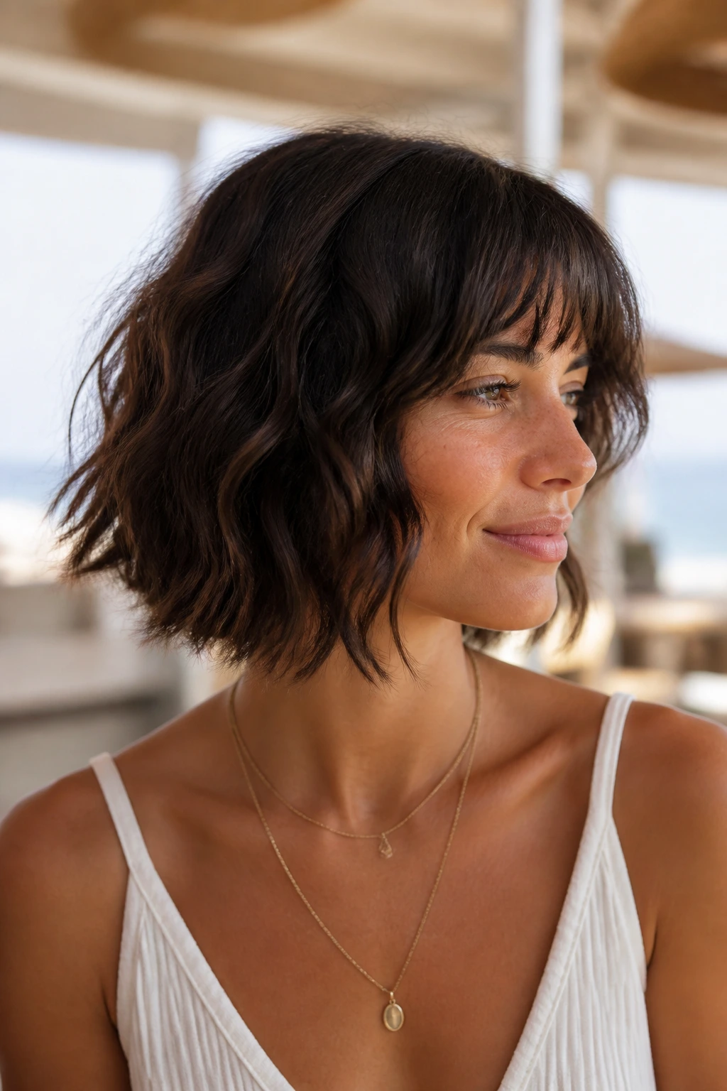 Real woman with wavy bob and tapered ends in bright outdoor setting