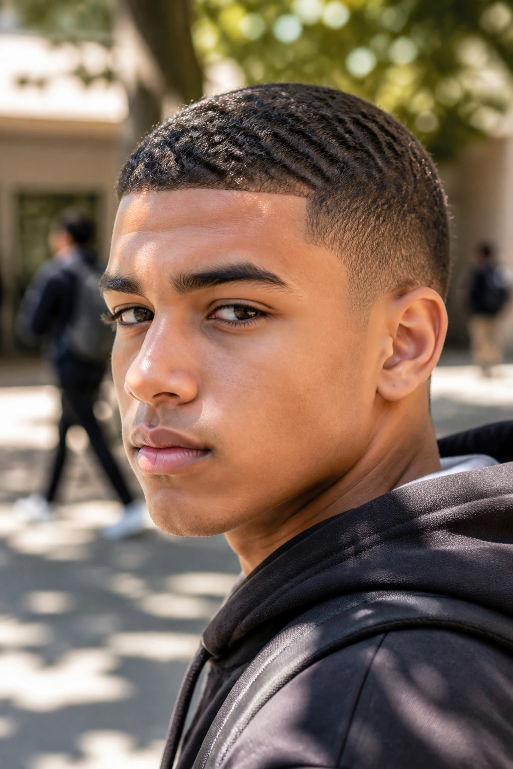 Close-up of a student with wavy buzz cut in outdoor setting