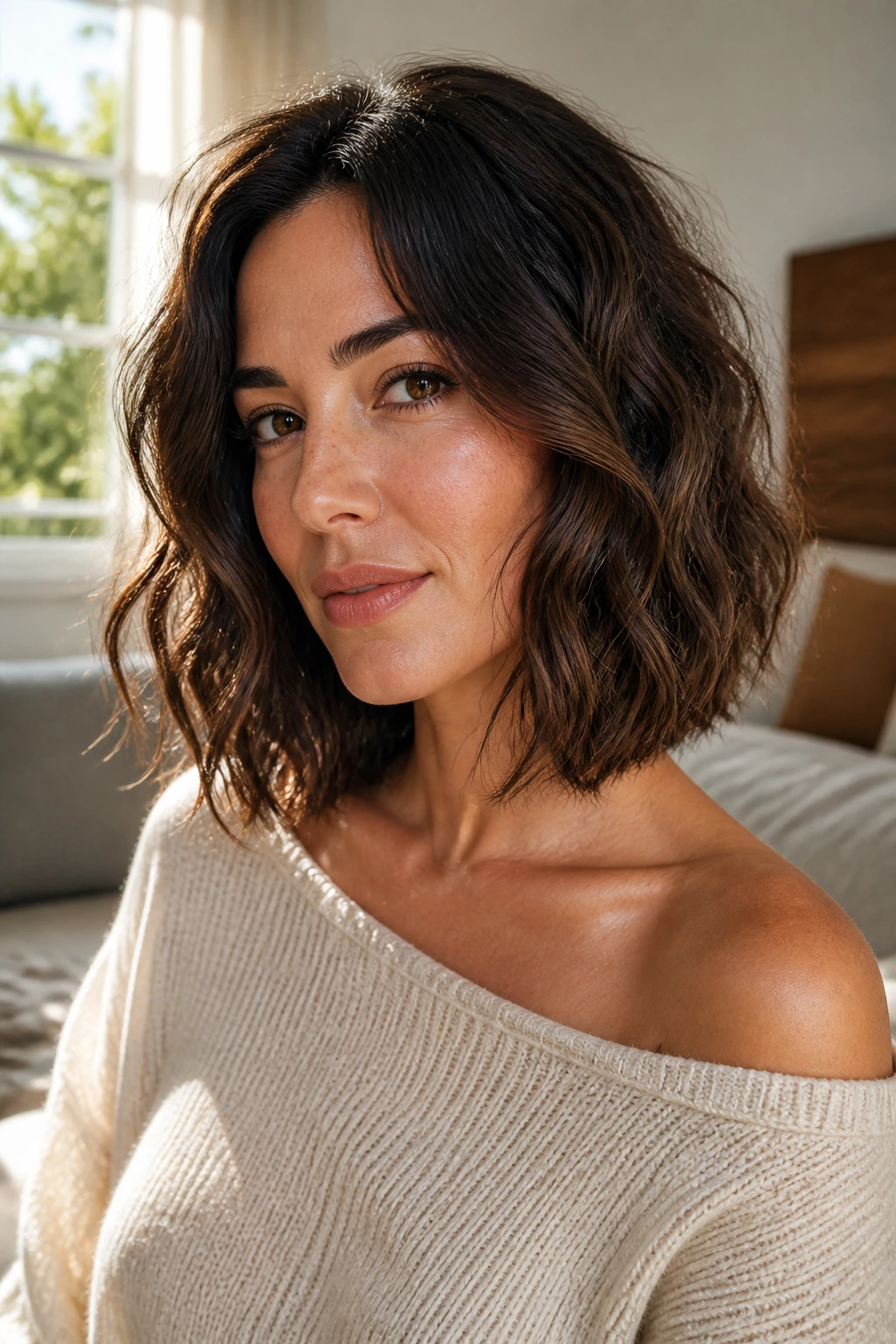 Real woman with wavy collarbone-grazing bob hair