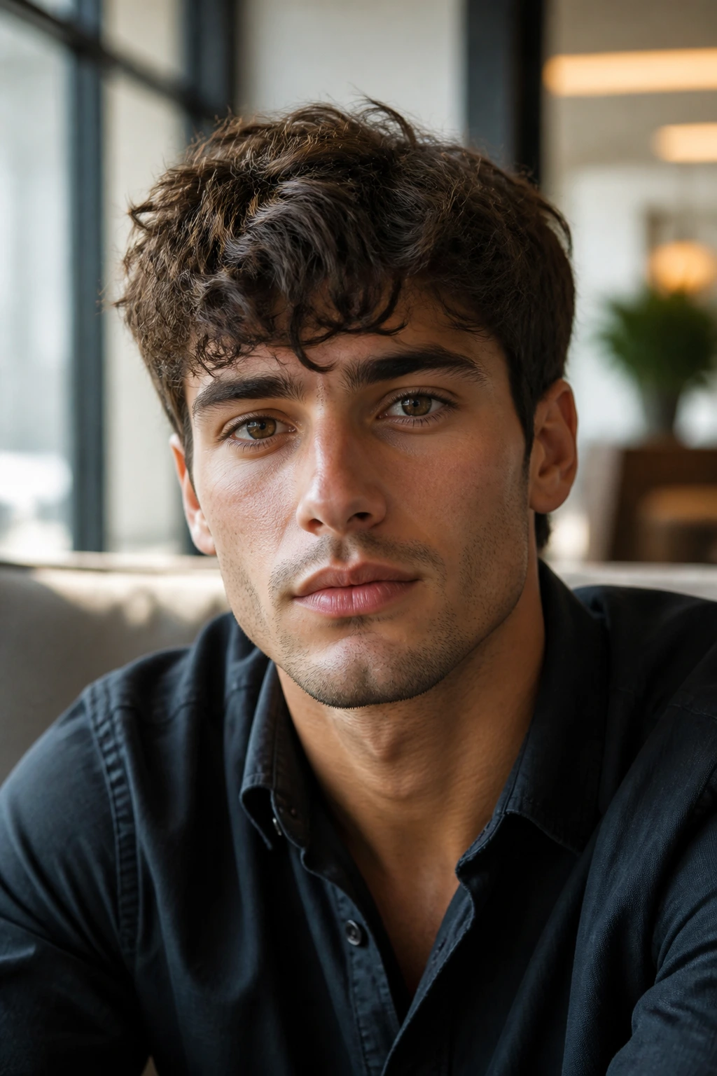 Close-up of a man with a wavy fringe in an office lounge
