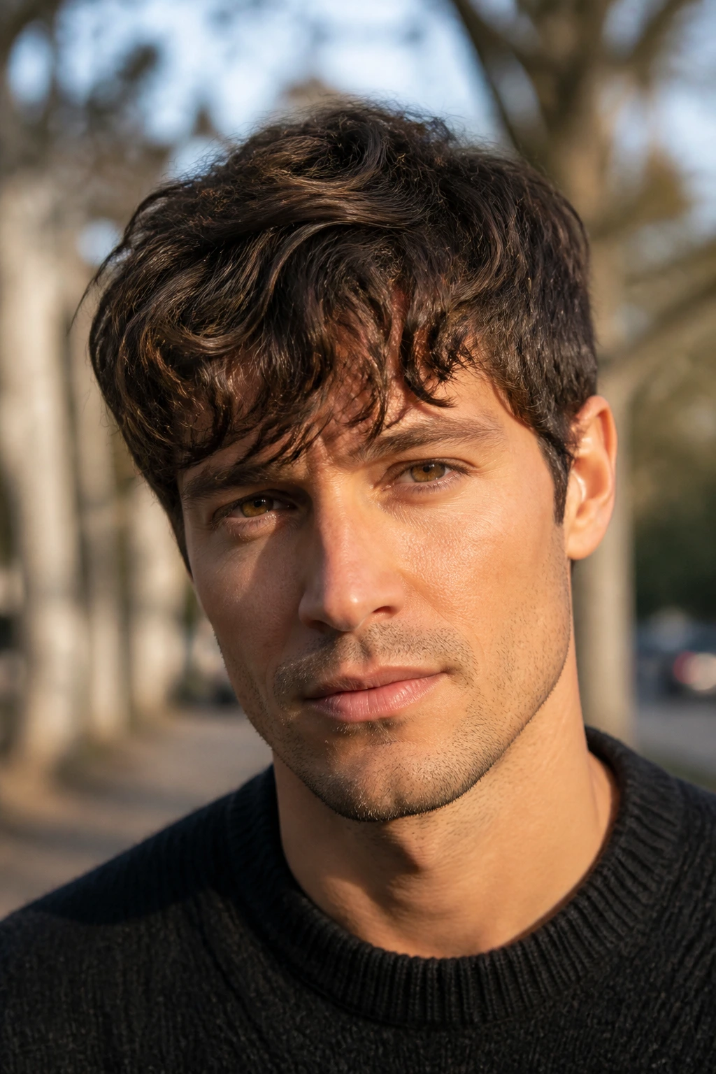 Close-up portrait of a man with a wavy fringe hairstyle in golden hour light