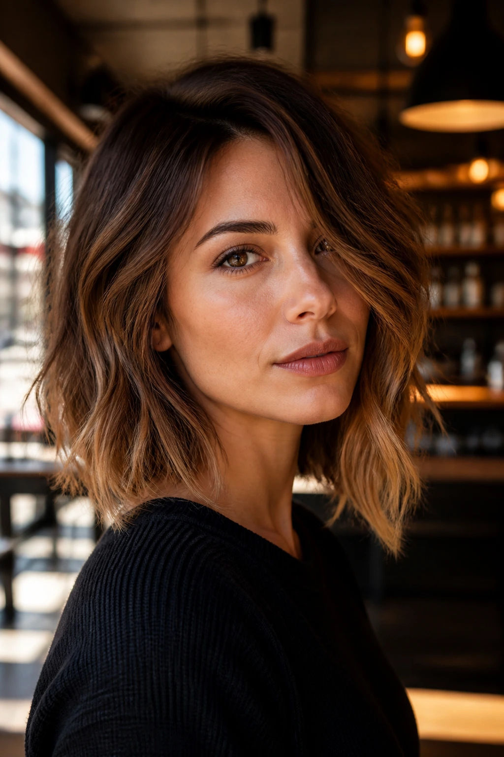 Close-up of a person with a wavy lob and asymmetrical edge
