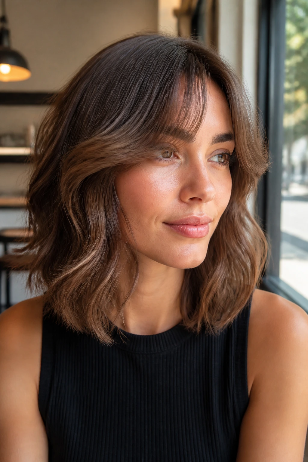 Portrait of a woman with wavy lob and side-swept curtain bangs in a sunlit cafe.