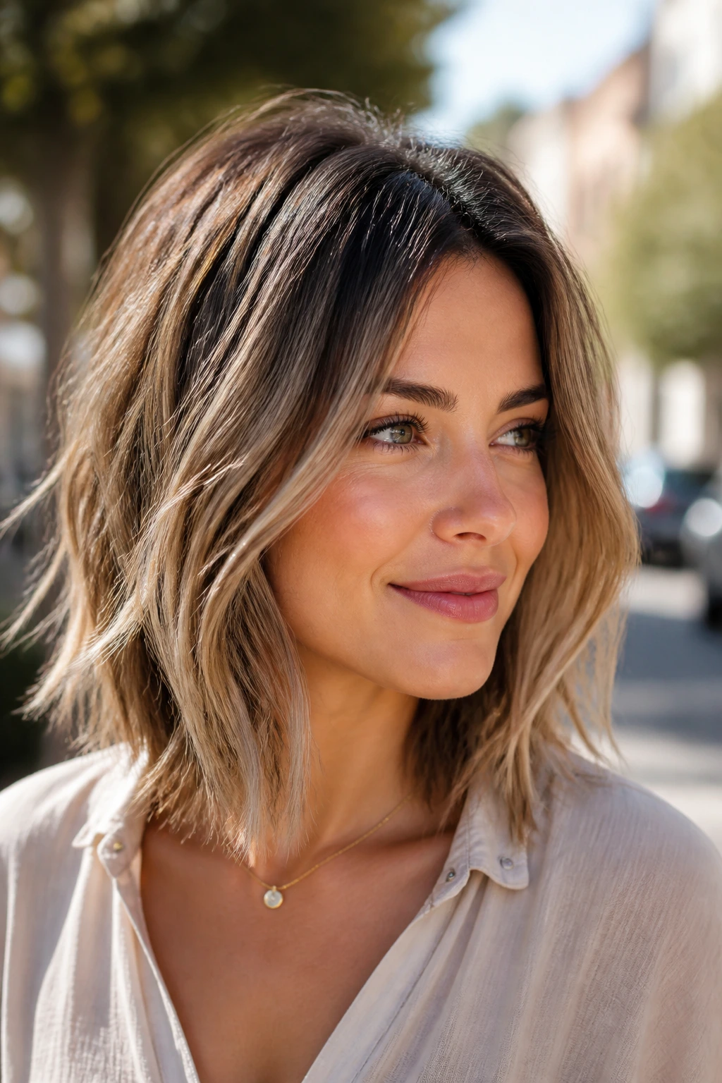 Portrait of a woman with dark roots and wavy lob framing the face